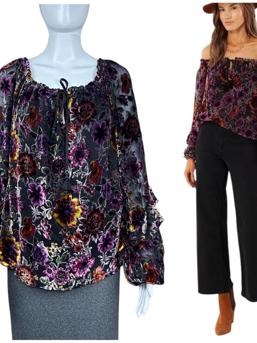 Hale Bob Black Floral Silk Off-Shoulder Blouse